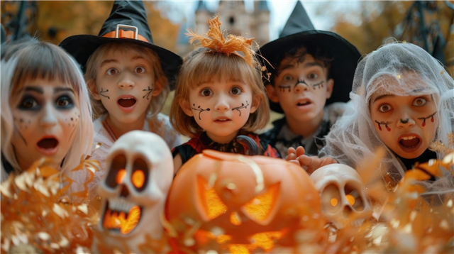 Unos niños de la generación Zalpha con disfraces típicos de Halloween miran con sorpresa a cámara